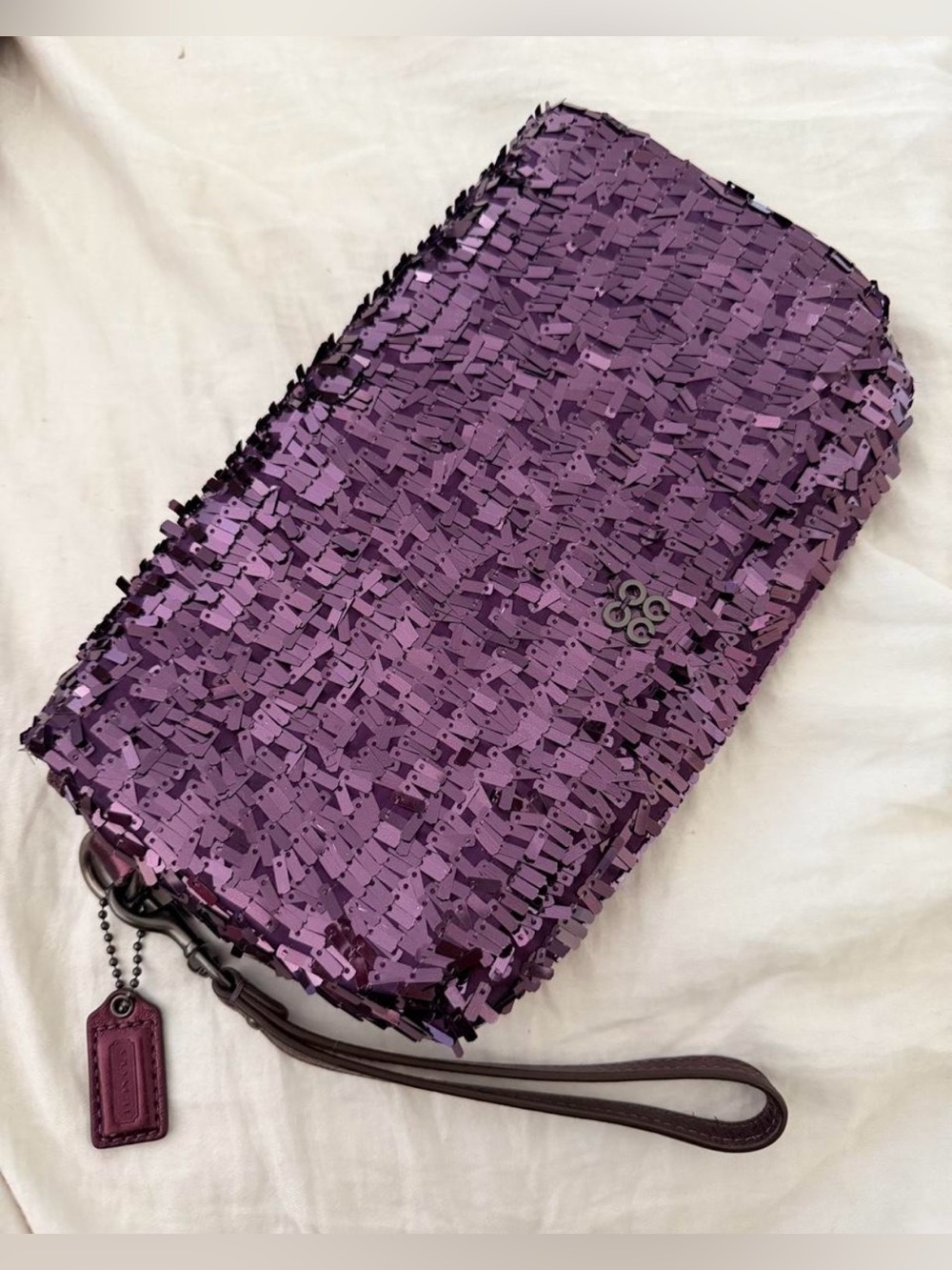 Coach Purple Sequin Wristlet Clutch with Leather Strap